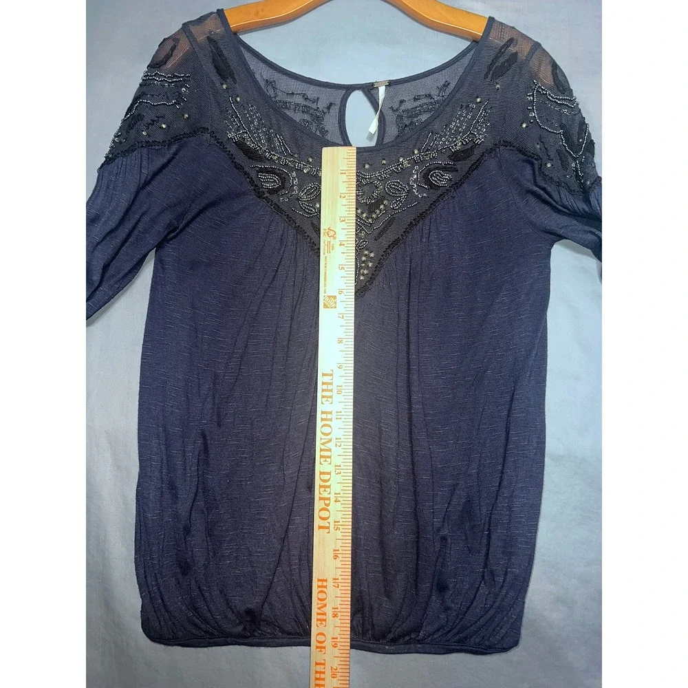 Free People Navy Blue Beaded Sequin Mesh Yoke Long Sleeve Flowy Blouse XS Boho